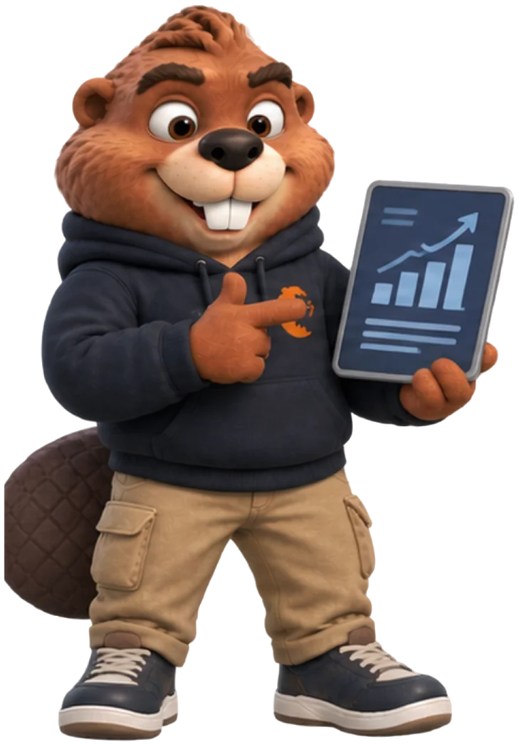 Boab holding a tablet showing a rising chart.