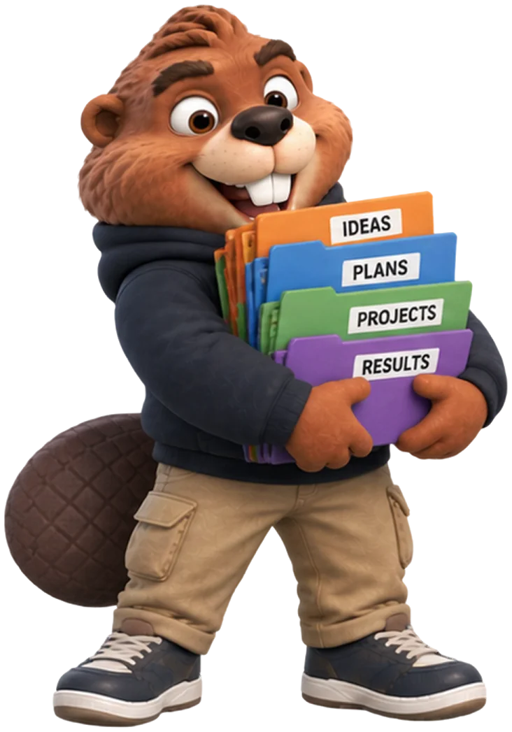 Boab carrying a stack of folders labelled ideas, plans, projects and results.
